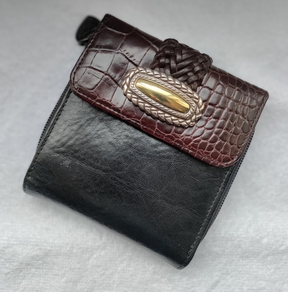 Brighton | Two Toned Leather Black & Brown Silver & Gold Tri-Fold Wallet - Picture 1 of 14